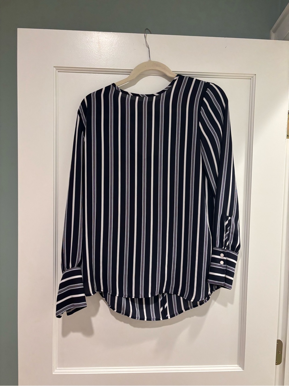 Ann Taylor Navy and White Vertical Stripe Blouse